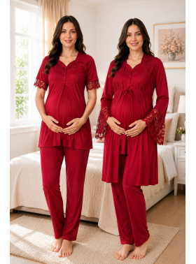 Effortt 9014 Vişne Sabahlıklı Lohusa Pijama Takımı